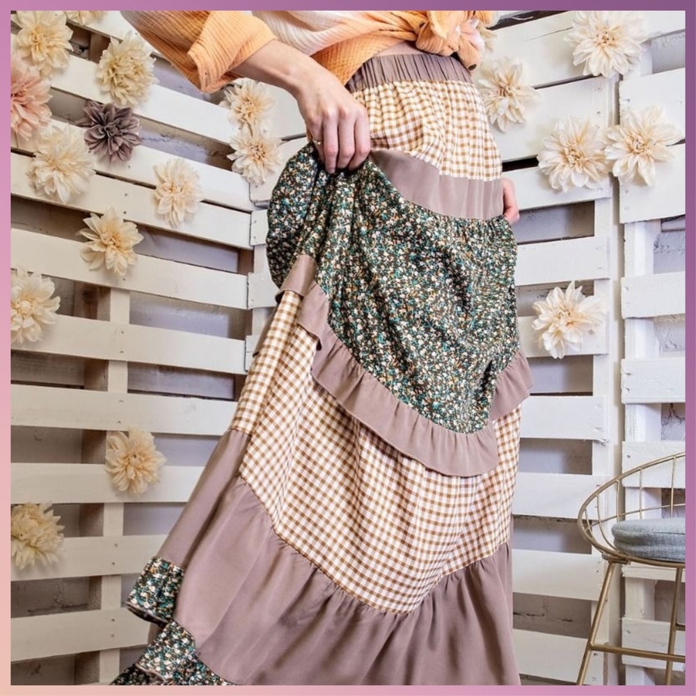 EASEL "Mix & Match" Gingham & Floral Print Ruffle Trim Tiered Maxi Skirt & Dress - Picture 15 of 16